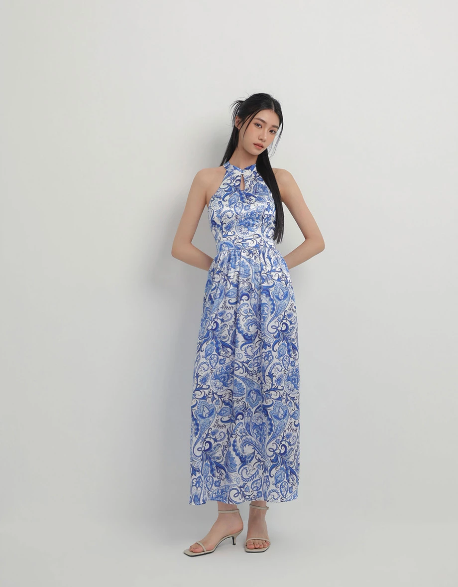 CNY Qipao Womens DRESS Porceline Style Bra Padded Halter Cheongsam Maxi Dinner Dress ( Removable Padding)