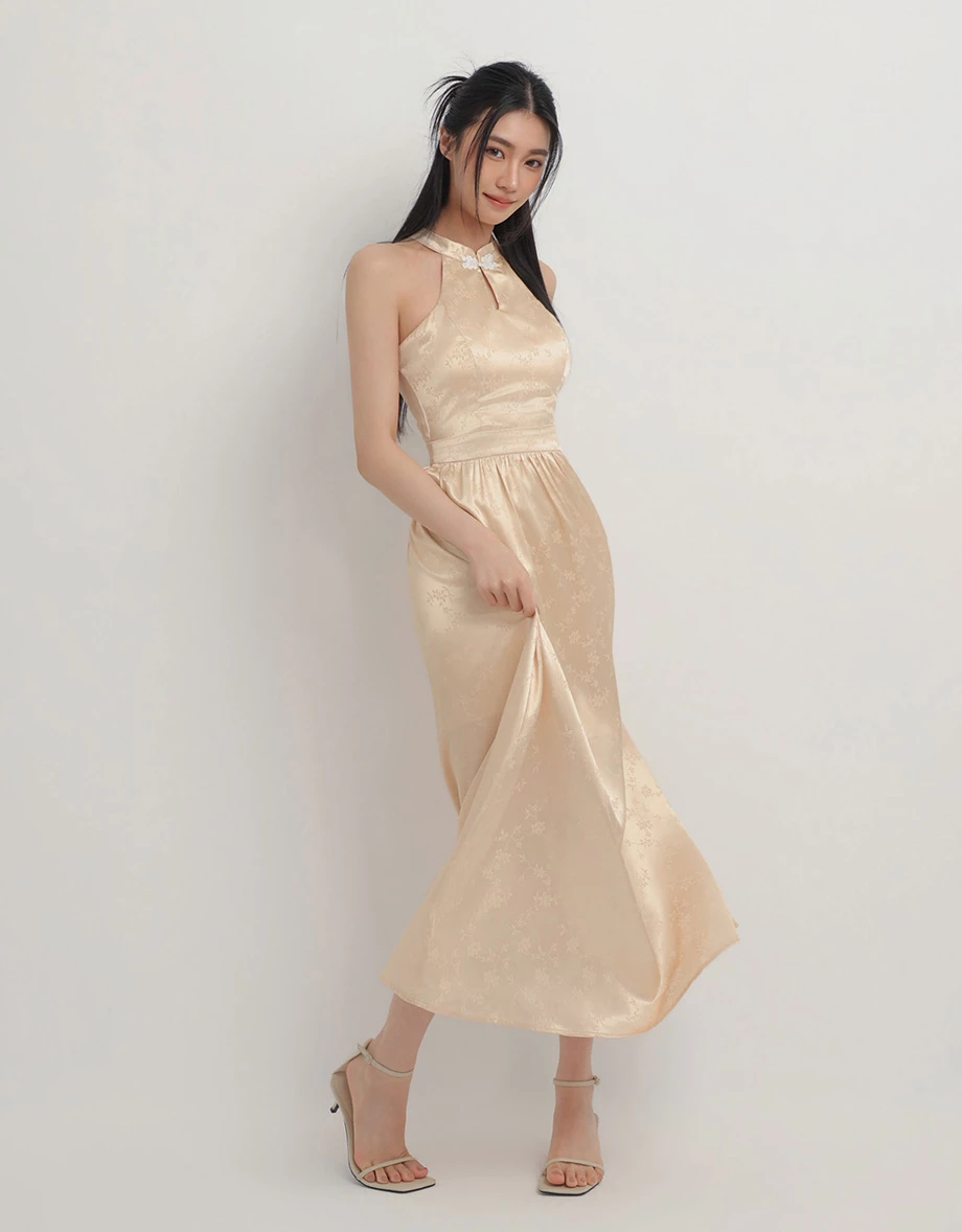 CNY Qipao Womens DRESS Porceline Style Bra Padded Halter Cheongsam Maxi Dinner Dress ( Removable Padding)