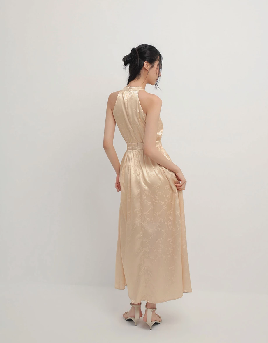 CNY Qipao Womens DRESS Porceline Style Bra Padded Halter Cheongsam Maxi Dinner Dress ( Removable Padding)