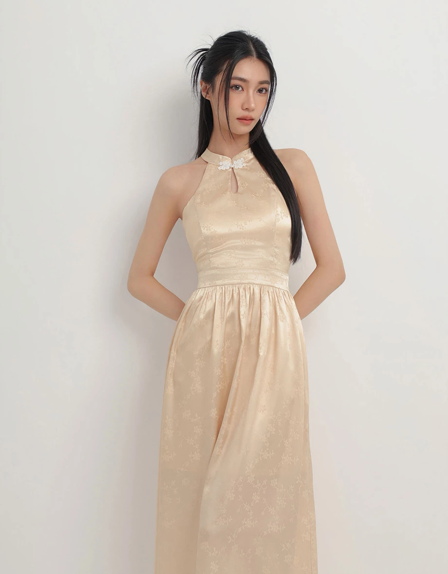 CNY Qipao Womens DRESS Porceline Style Bra Padded Halter Cheongsam Maxi Dinner Dress ( Removable Padding)