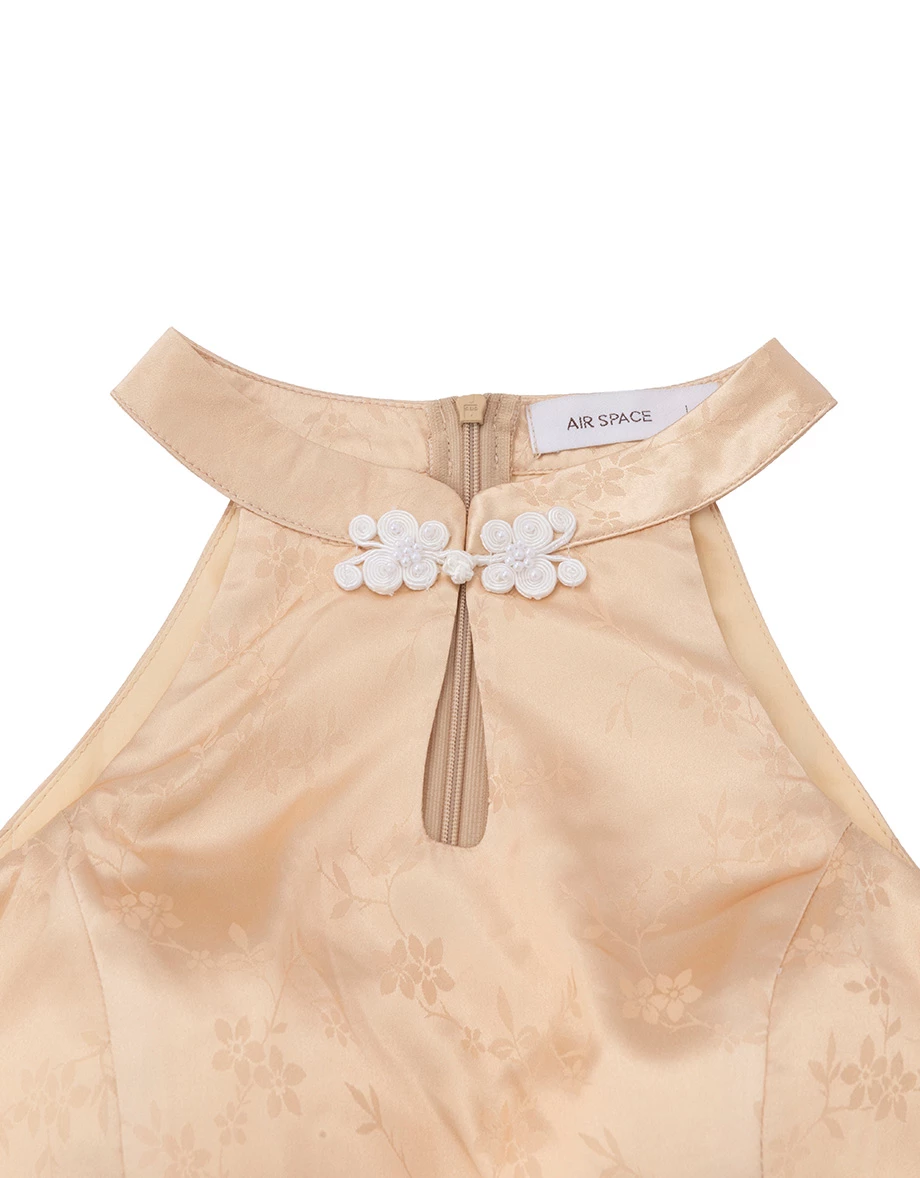 CNY Qipao Womens DRESS Porceline Style Bra Padded Halter Cheongsam Maxi Dinner Dress ( Removable Padding)