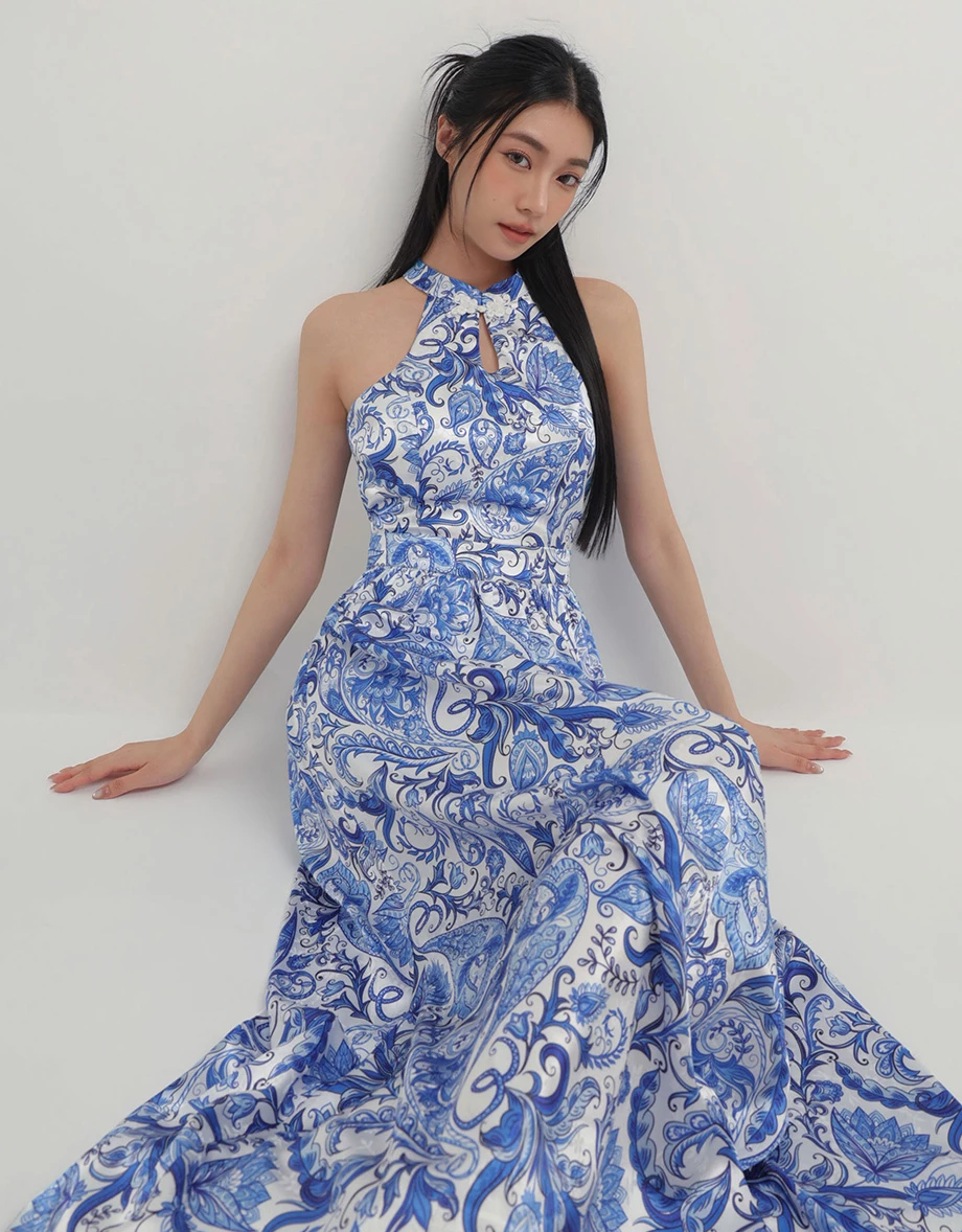 CNY Qipao Womens DRESS Porceline Style Bra Padded Halter Cheongsam Maxi Dinner Dress ( Removable Padding)