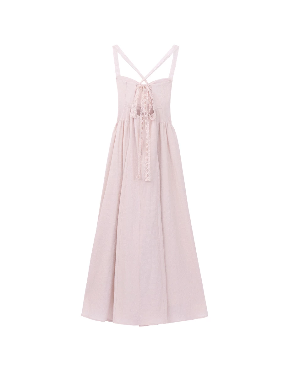 Gathered Bust Front Tie Cross Back Lace Strap Padded Maxi Dress Gathered Bust Front Tie Cross Back Lace Strap Padded Maxi Dress