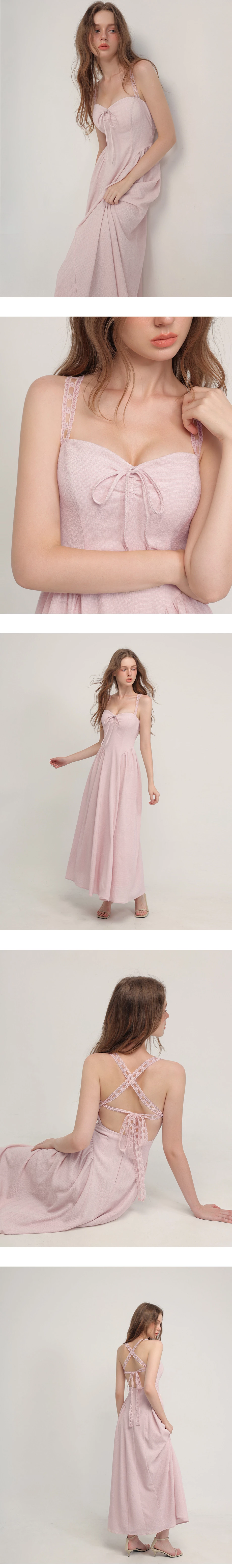 Gathered Bust Front Tie Cross Back Lace Strap Padded Maxi Dress Gathered Bust Front Tie Cross Back Lace Strap Padded Maxi Dress