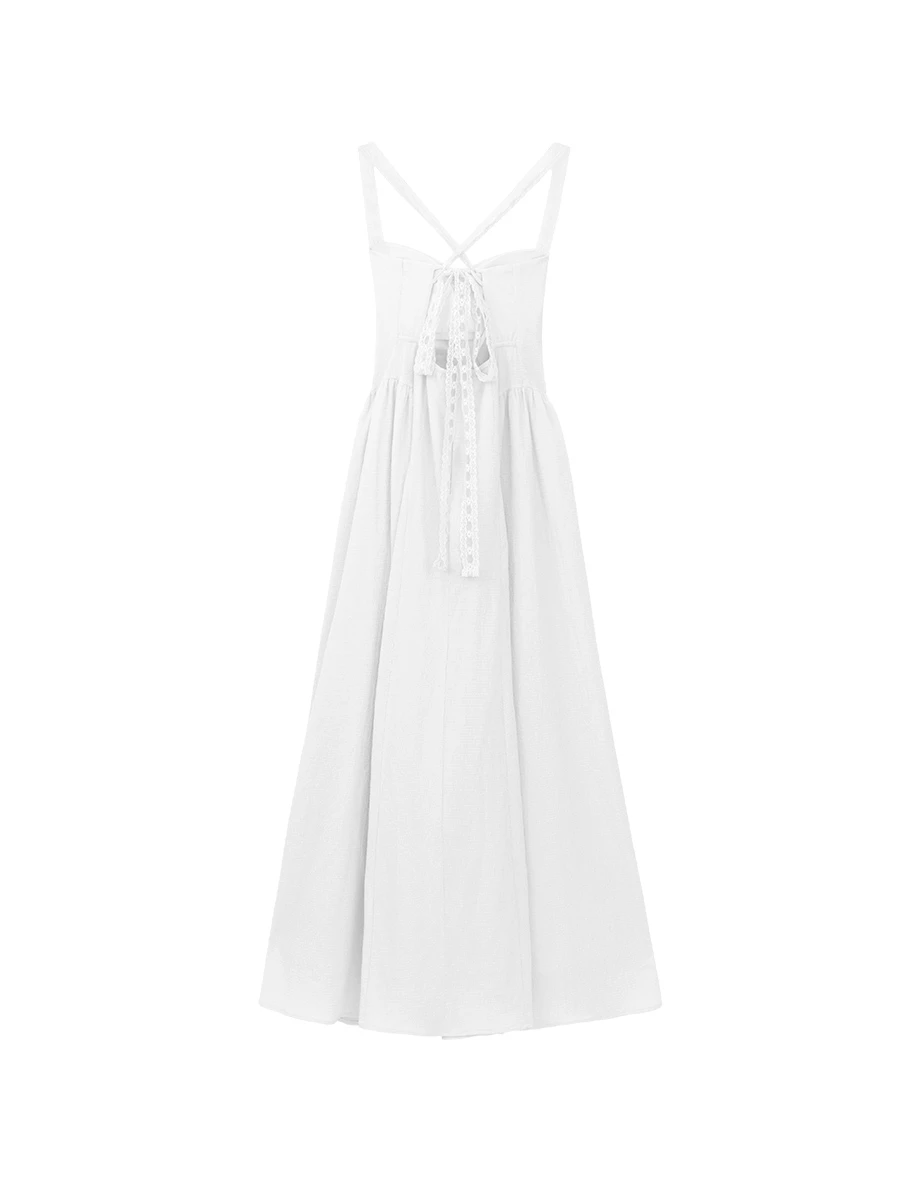 Gathered Bust Front Tie Cross Back Lace Strap Padded Maxi Dress Gathered Bust Front Tie Cross Back Lace Strap Padded Maxi Dress