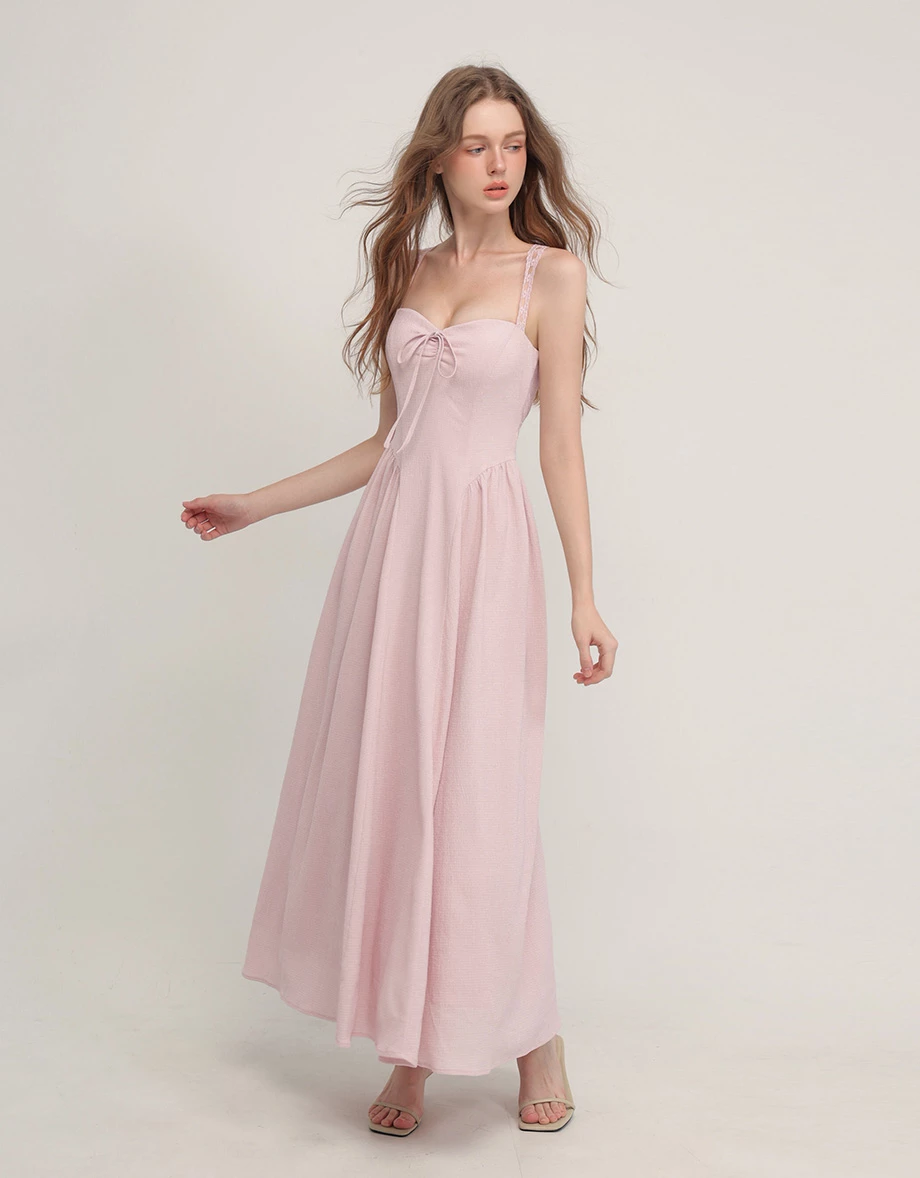 Gathered Bust Front Tie Cross Back Lace Strap Padded Maxi Dress Gathered Bust Front Tie Cross Back Lace Strap Padded Maxi Dress