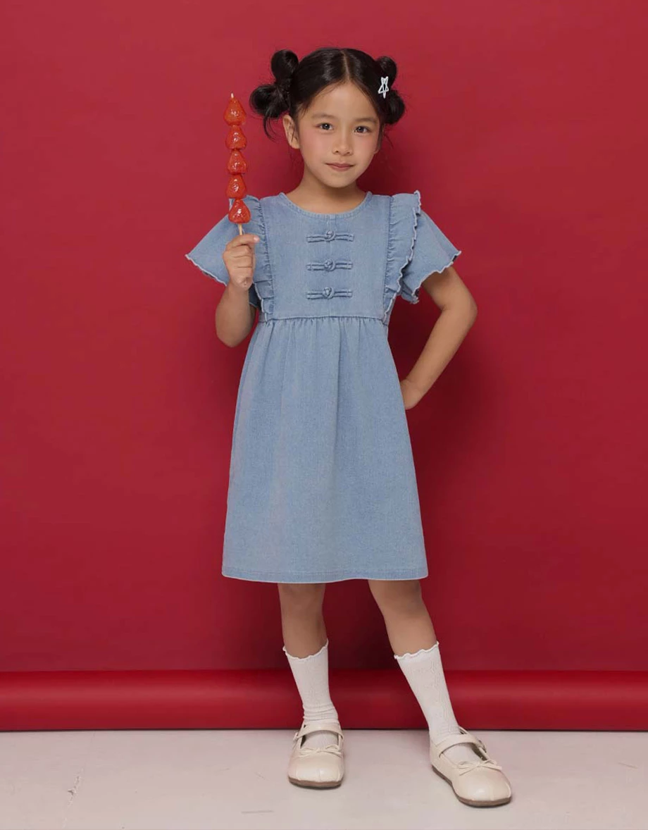 Denim Family CNY Qipao DRESS Ruffle Flutter Sleeve Jeans Cheongsam (Kids Girls) Denim Family CNY Qipao DRESS Ruffle Flutter Sleeve Jeans Cheongsam (Kids Girls)