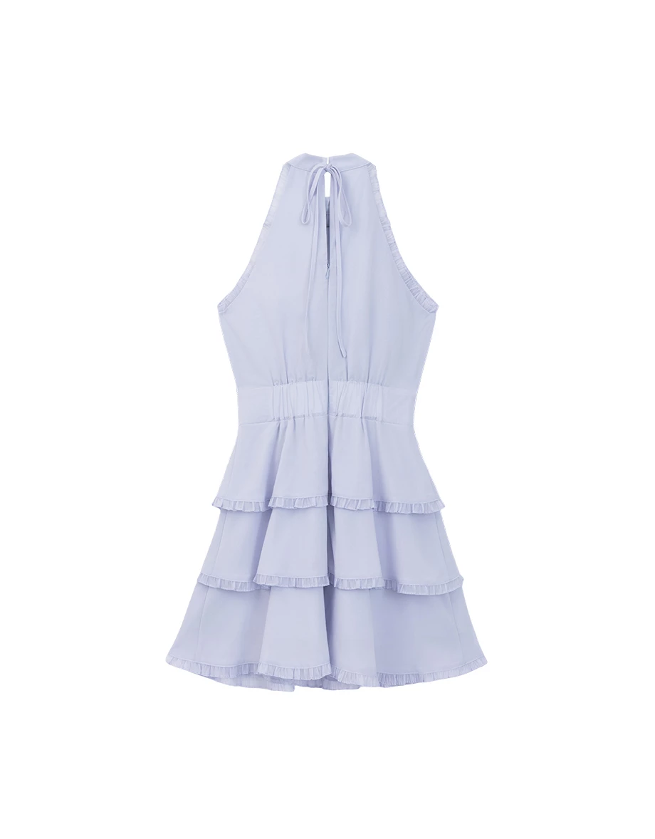 Halter High Neck Pleated Ruffle Trim Tiered Padded Mini Dress Halter High Neck Pleated Ruffle Trim Tiered Padded Mini Dress