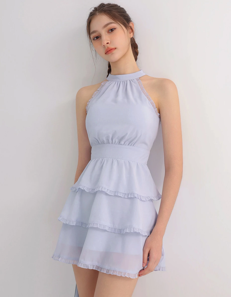 Halter High Neck Pleated Ruffle Trim Tiered Padded Mini Dress