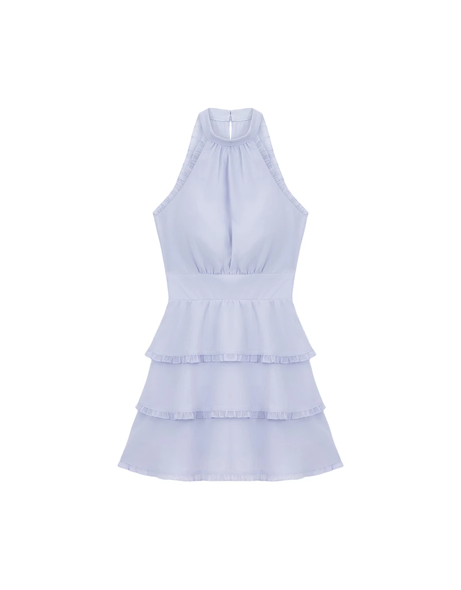 Halter High Neck Pleated Ruffle Trim Tiered Padded Mini Dress Halter High Neck Pleated Ruffle Trim Tiered Padded Mini Dress