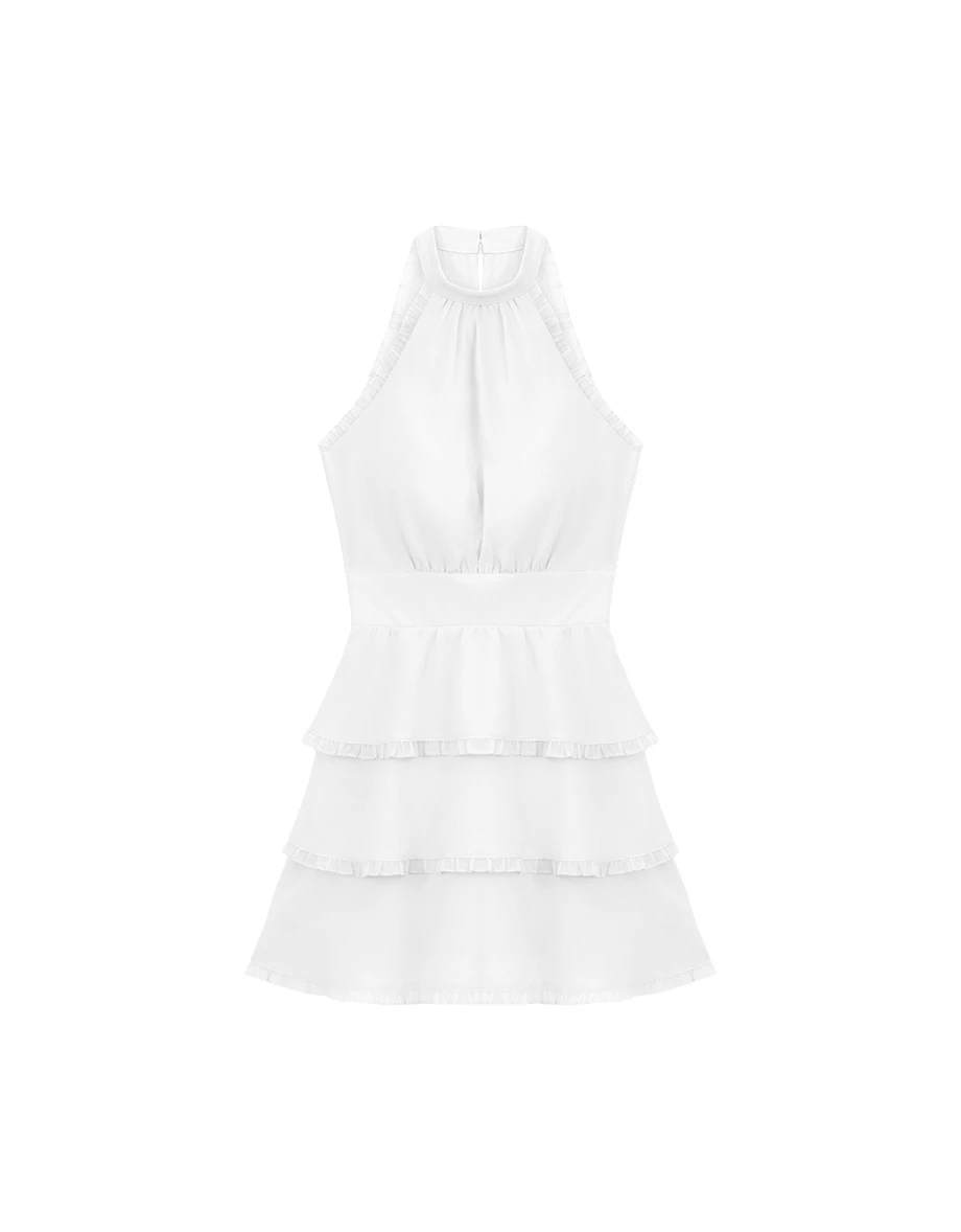 Halter High Neck Pleated Ruffle Trim Tiered Padded Mini Dress Halter High Neck Pleated Ruffle Trim Tiered Padded Mini Dress