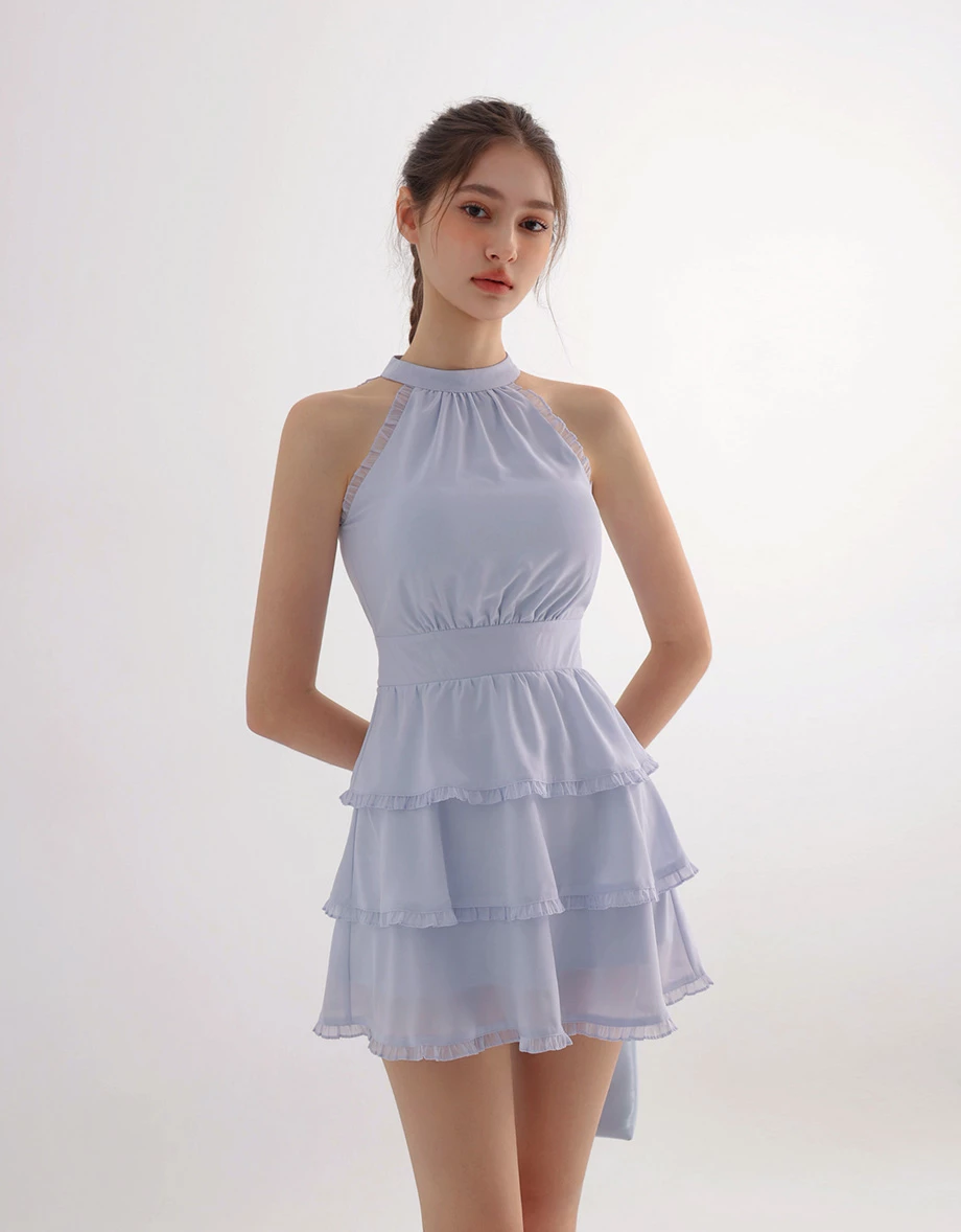 Halter High Neck Pleated Ruffle Trim Tiered Padded Mini Dress Halter High Neck Pleated Ruffle Trim Tiered Padded Mini Dress