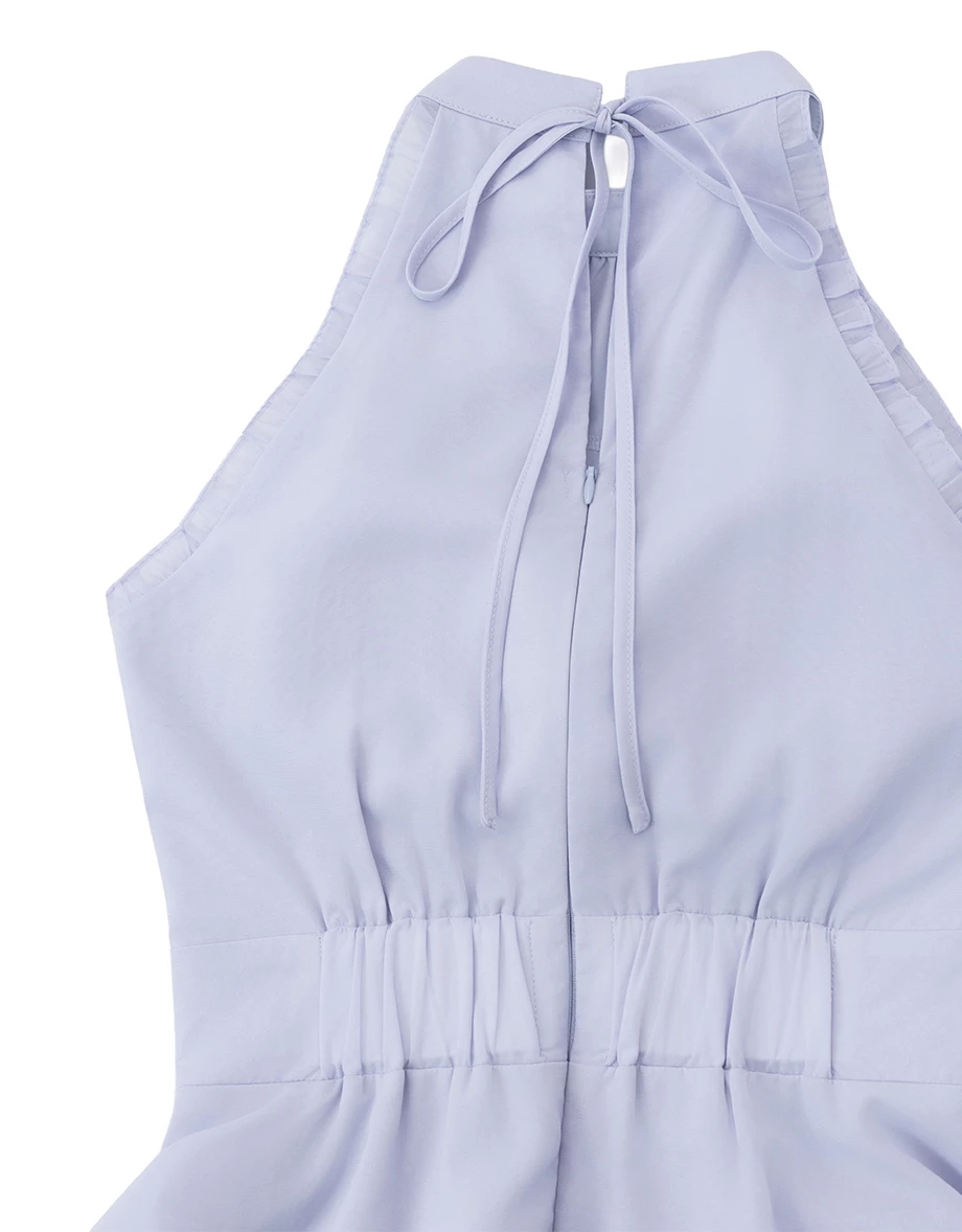Halter High Neck Pleated Ruffle Trim Tiered Padded Mini Dress Halter High Neck Pleated Ruffle Trim Tiered Padded Mini Dress