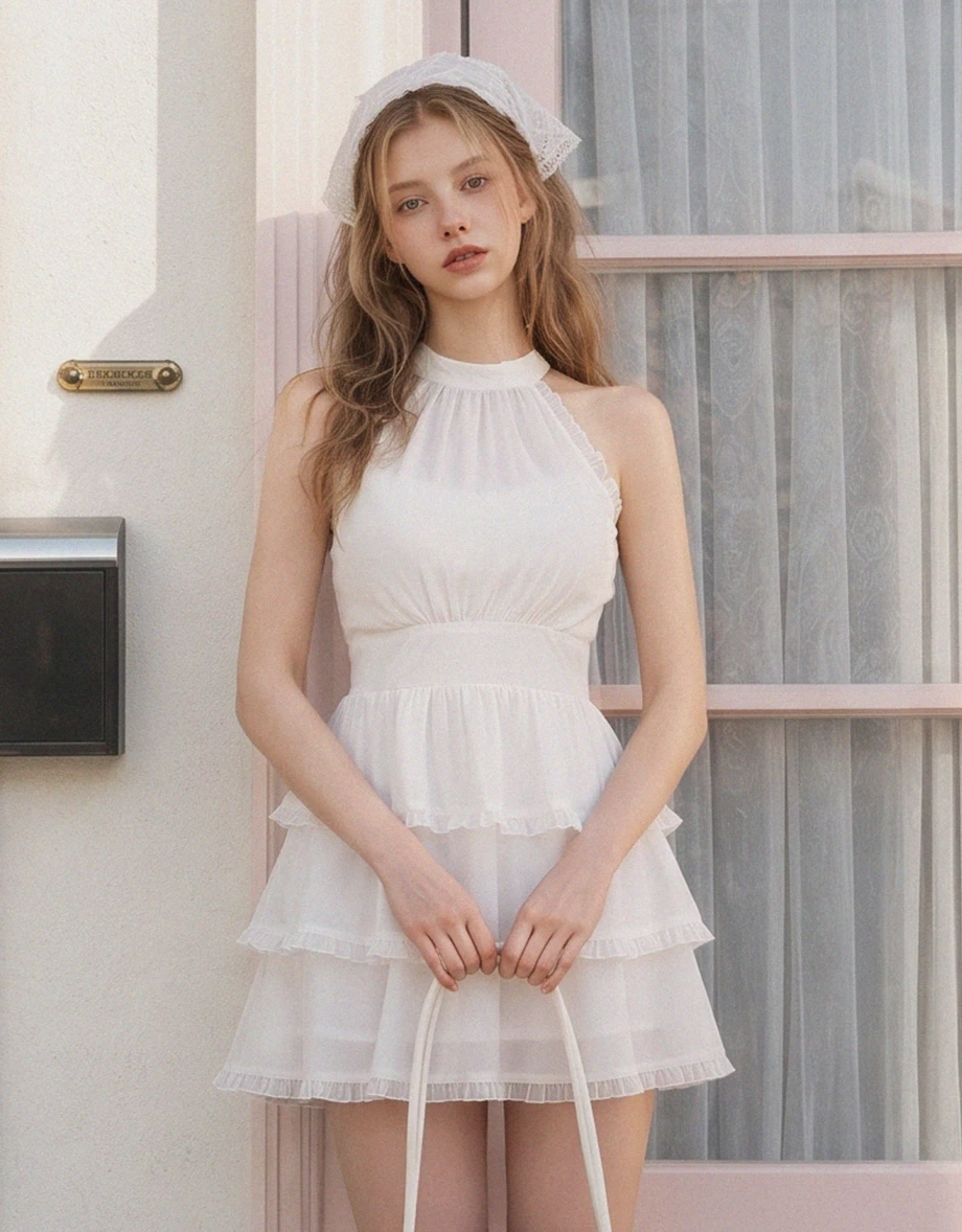 Halter High Neck Pleated Ruffle Trim Tiered Padded Mini Dress