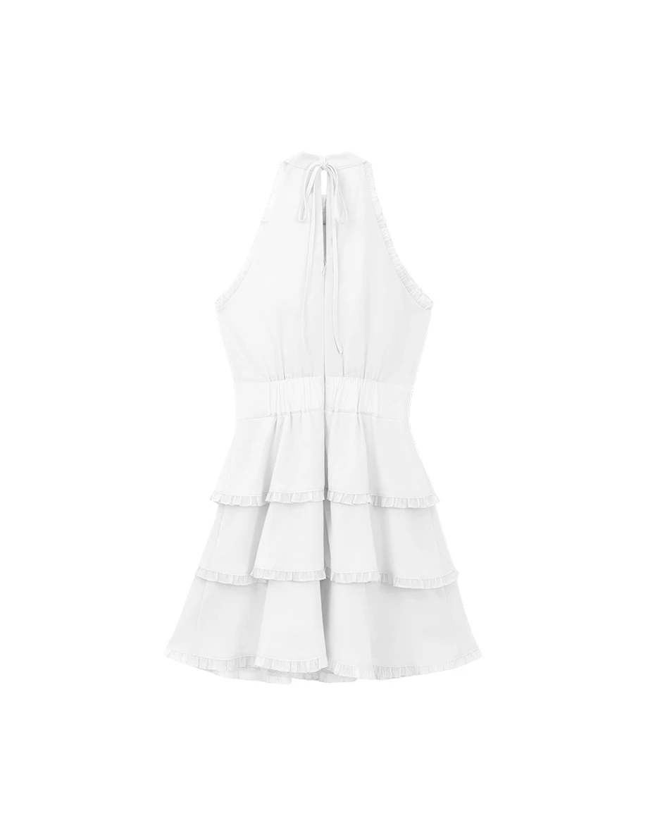 Halter High Neck Pleated Ruffle Trim Tiered Padded Mini Dress Halter High Neck Pleated Ruffle Trim Tiered Padded Mini Dress