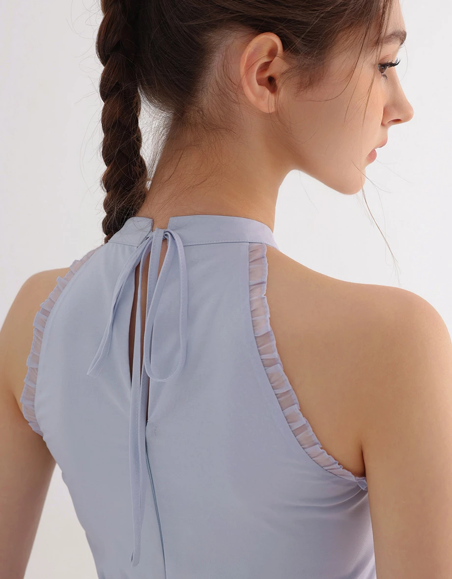 Halter High Neck Pleated Ruffle Trim Tiered Padded Mini Dress Halter High Neck Pleated Ruffle Trim Tiered Padded Mini Dress