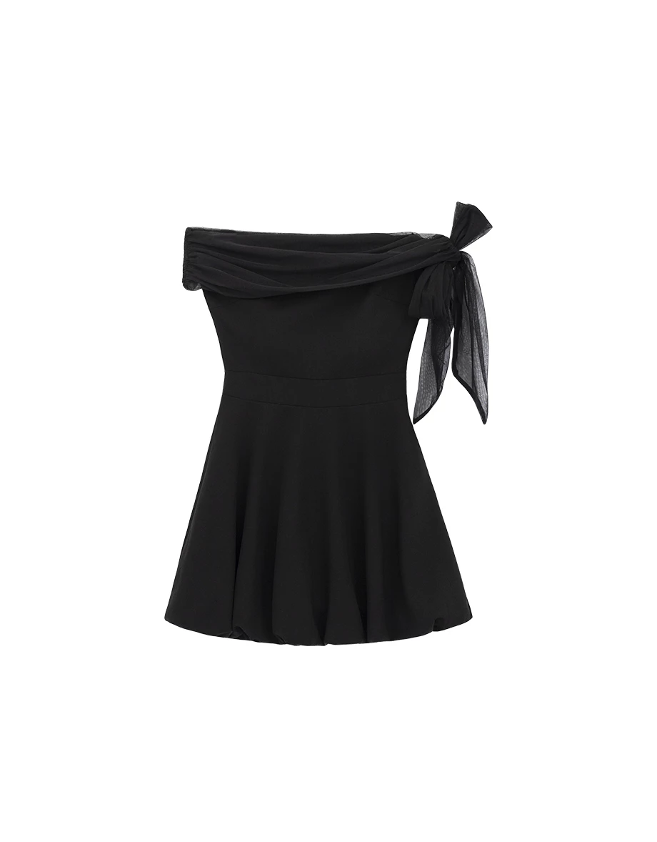 Mesh Drape Off Shoulder Bubble Hem Padded Mini Dress