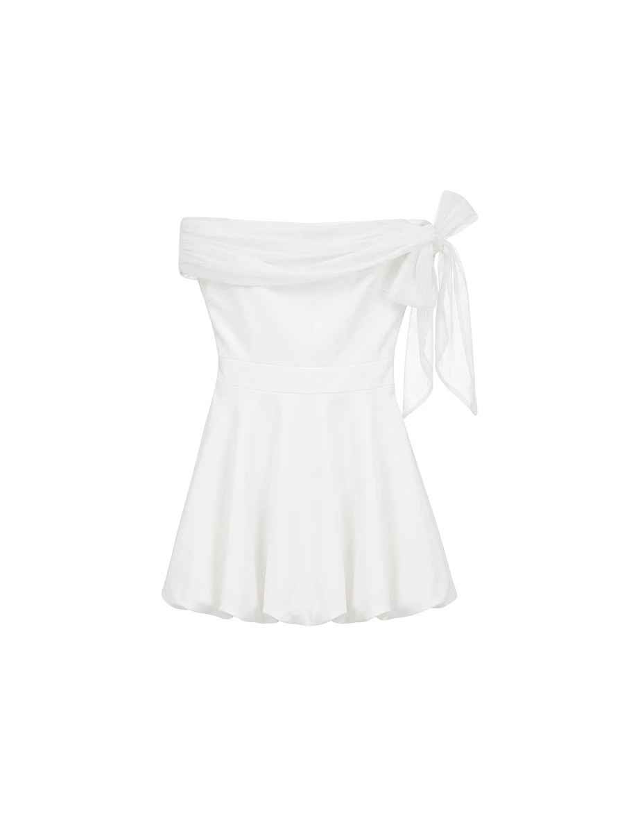 Mesh Drape Off Shoulder Bubble Hem Padded Mini Dress