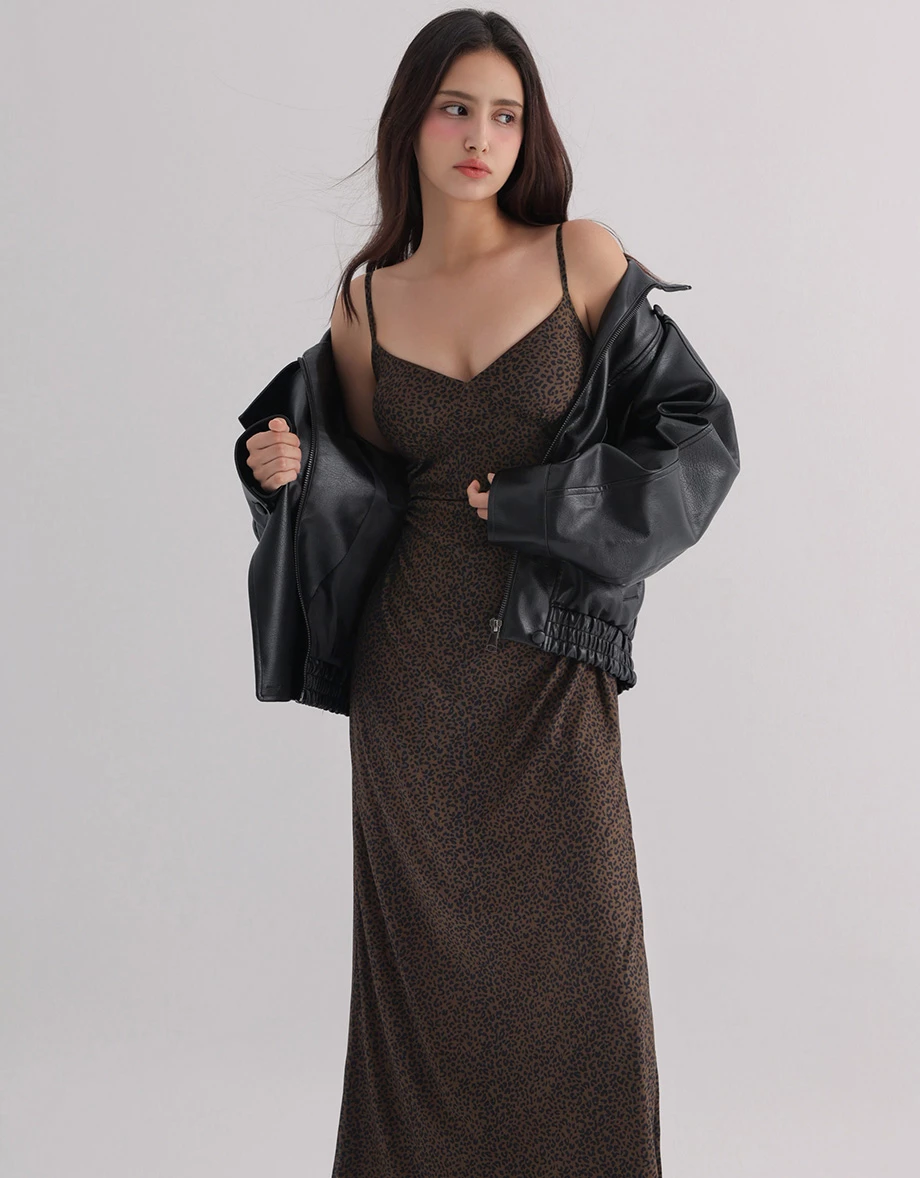 Leopard Print Spaghetti Strap V Neck Ruched Side Slit Padded Maxi Dress