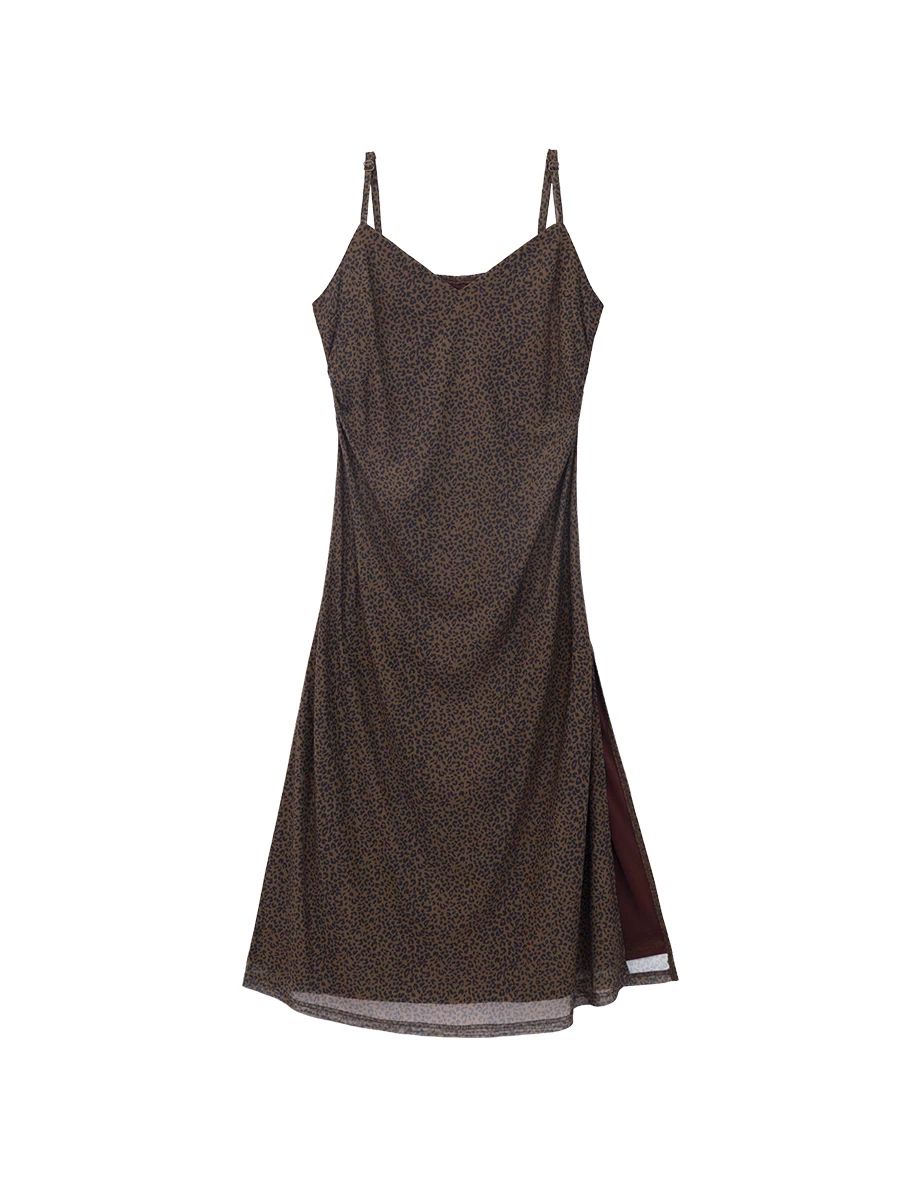 Leopard Print Spaghetti Strap V Neck Ruched Side Slit Padded Maxi Dress