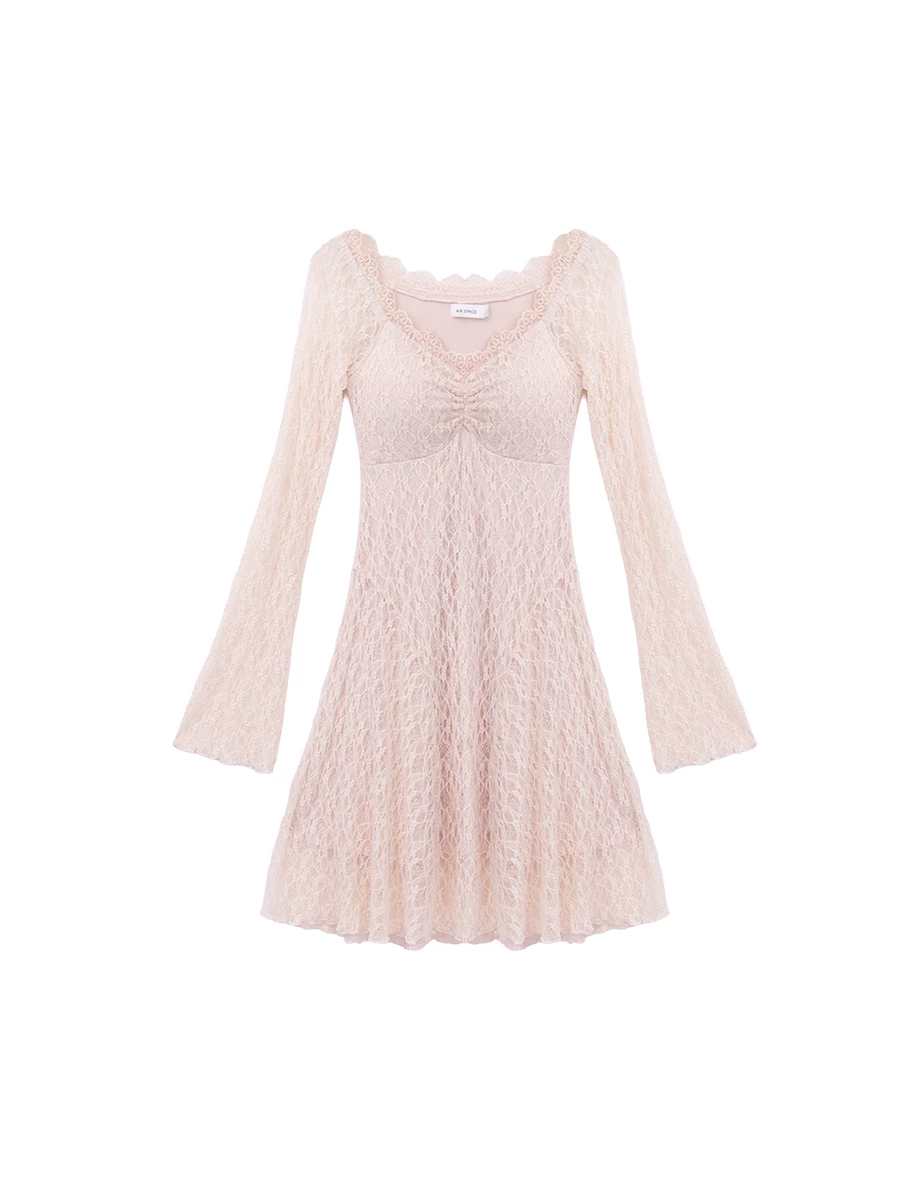 Floral Lace Bust Gathered Flared Long Sleeve Padded Mini Dress Floral Lace Bust Gathered Flared Long Sleeve Padded Mini Dress