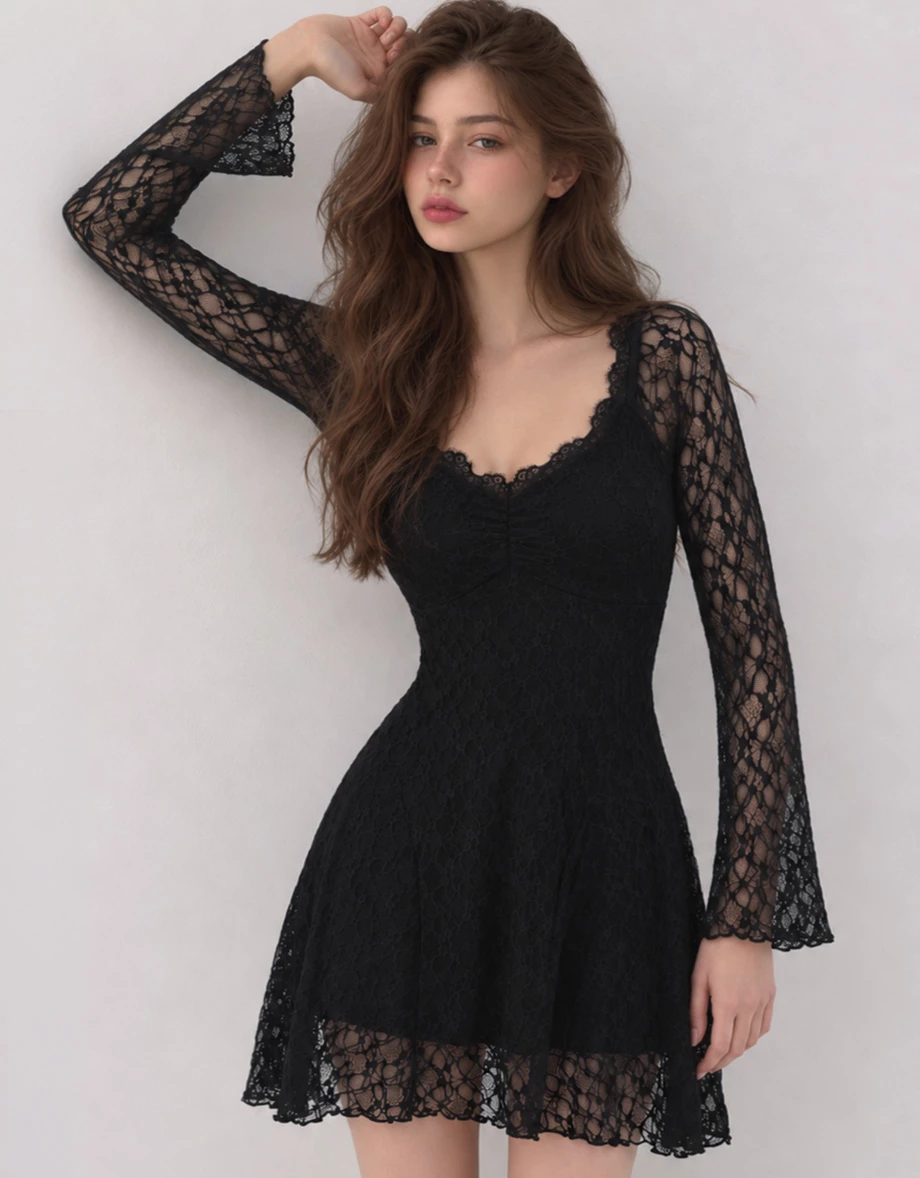 Floral Lace Bust Gathered Flared Long Sleeve Padded Mini Dress