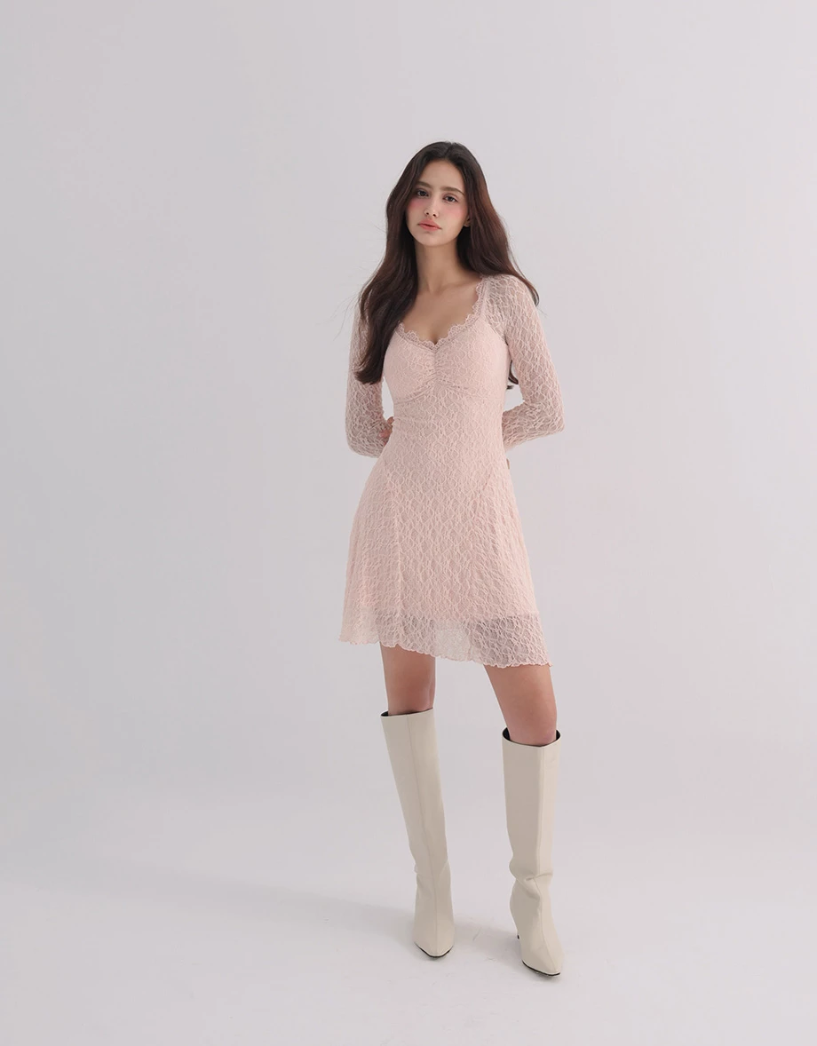 Floral Lace Bust Gathered Flared Long Sleeve Padded Mini Dress Floral Lace Bust Gathered Flared Long Sleeve Padded Mini Dress
