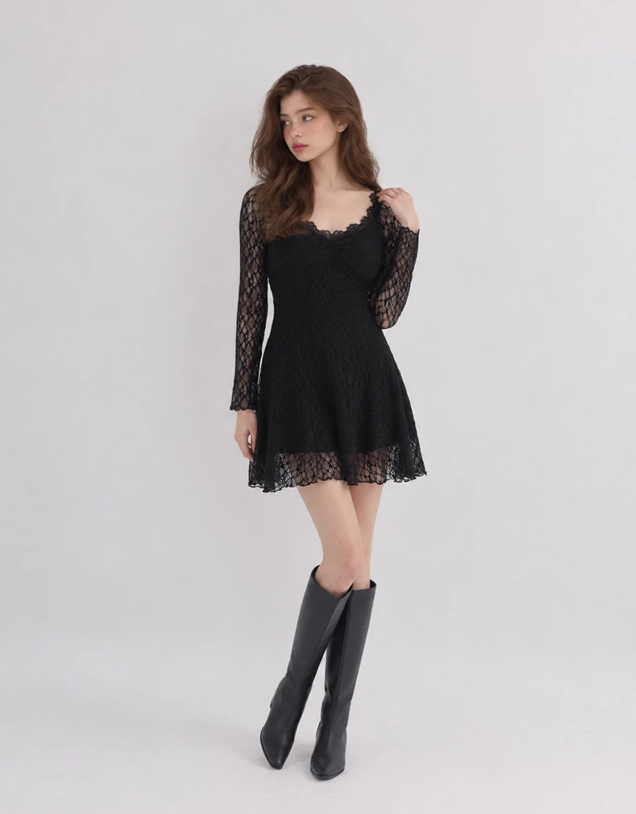 Floral Lace Bust Gathered Flared Long Sleeve Padded Mini Dress Floral Lace Bust Gathered Flared Long Sleeve Padded Mini Dress