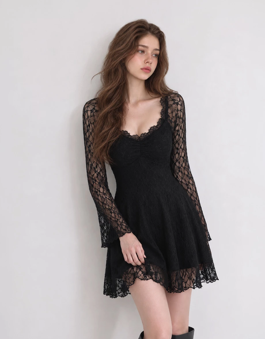 Floral Lace Bust Gathered Flared Long Sleeve Padded Mini Dress Floral Lace Bust Gathered Flared Long Sleeve Padded Mini Dress