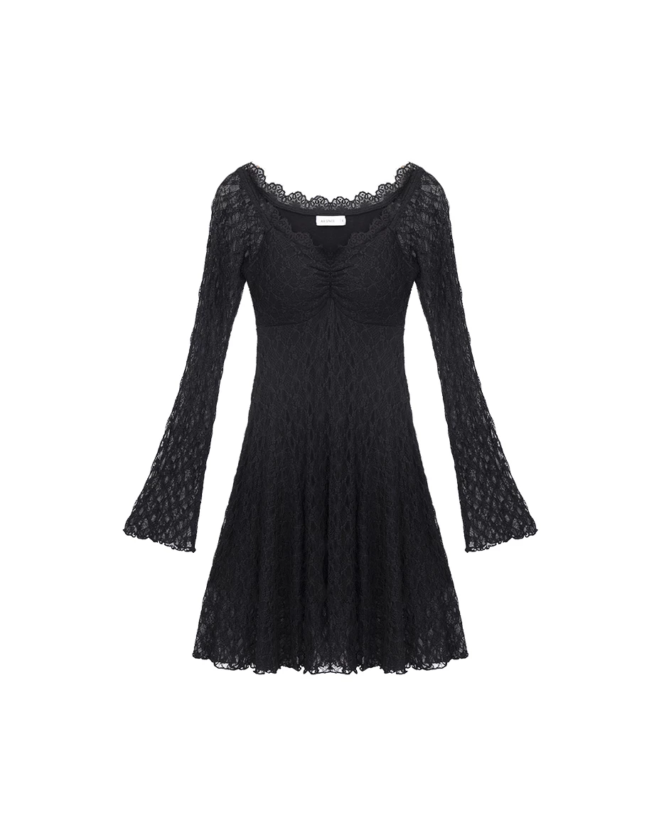 Floral Lace Bust Gathered Flared Long Sleeve Padded Mini Dress