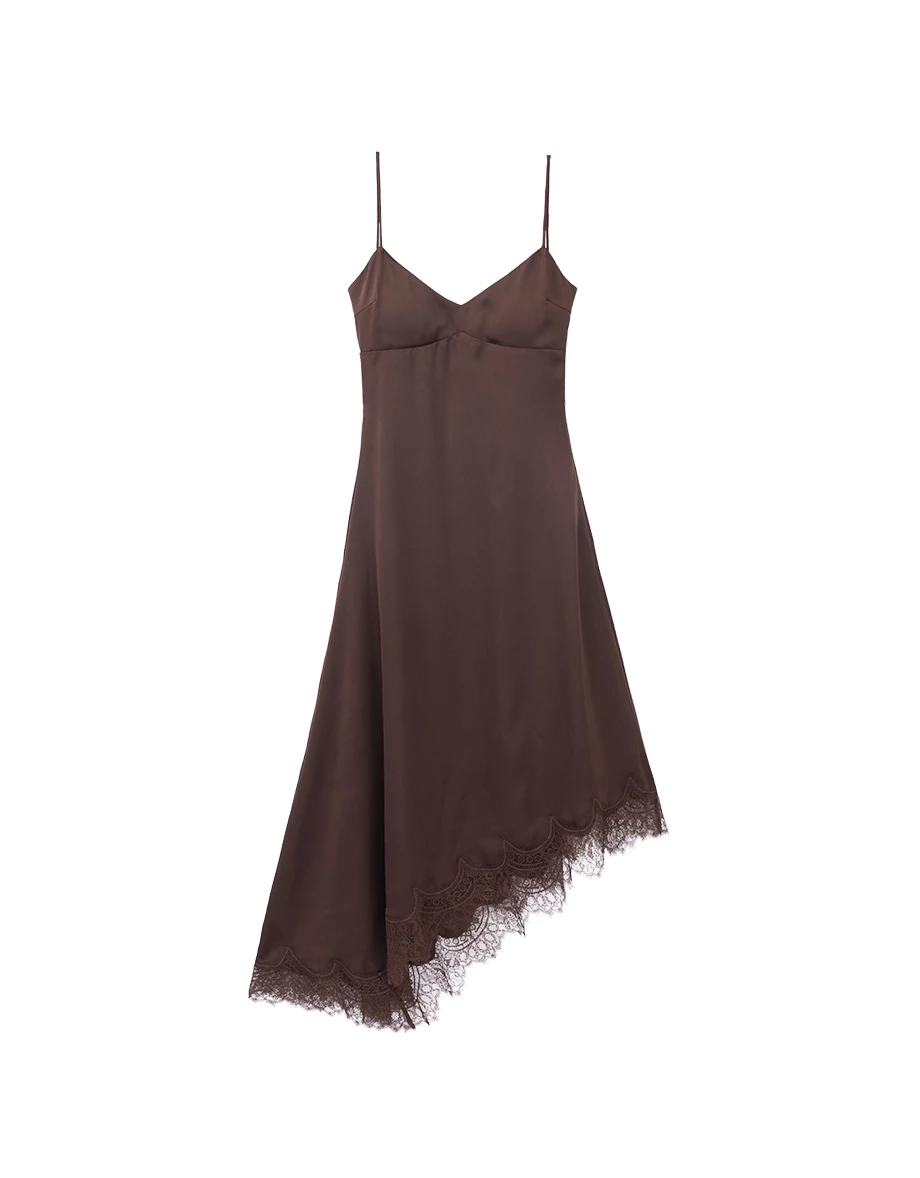 V Neck Asymmetric Lace Hem Backless Tie Padded Satin Maxi Dress V Neck Asymmetric Lace Hem Backless Tie Padded Satin Maxi Dress