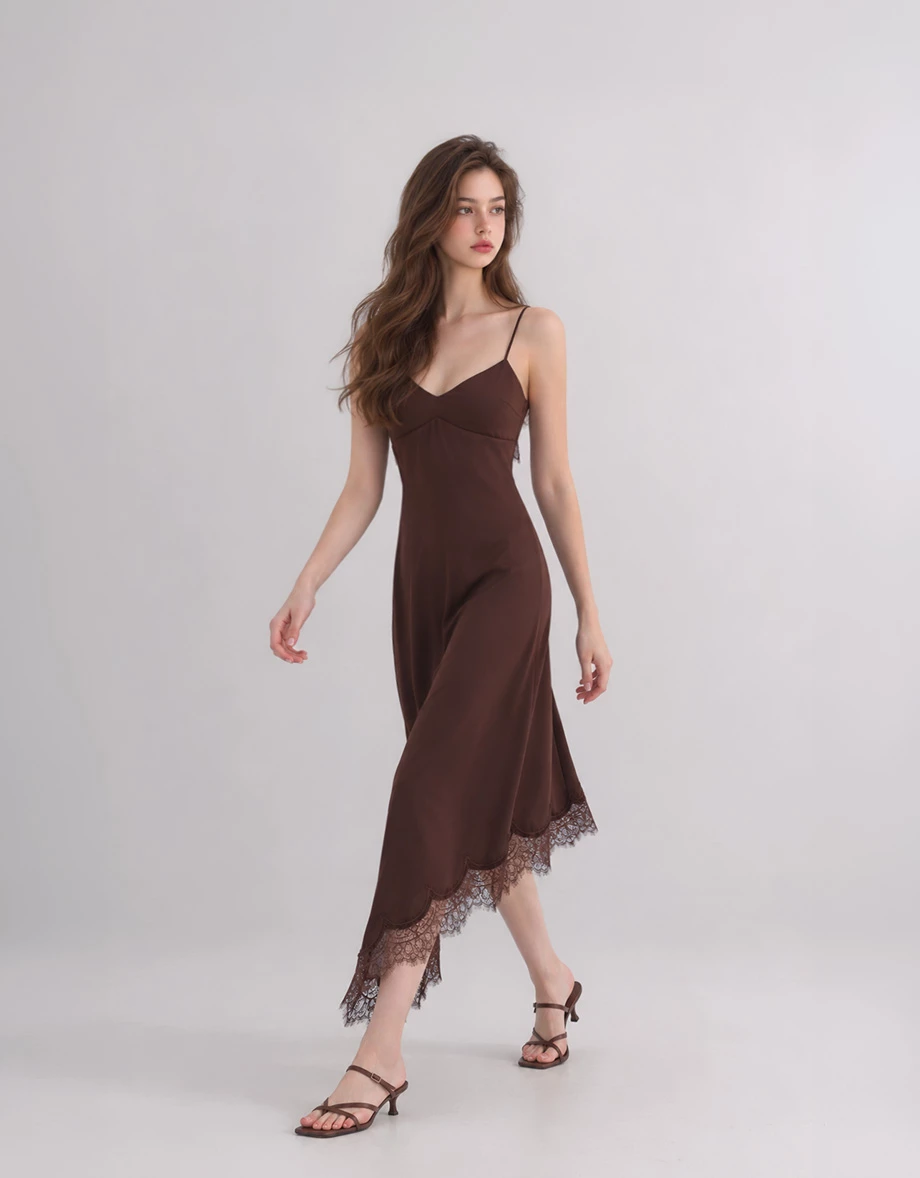 V Neck Asymmetric Lace Hem Backless Tie Padded Satin Maxi Dress V Neck Asymmetric Lace Hem Backless Tie Padded Satin Maxi Dress