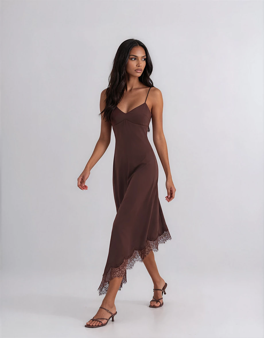 V Neck Asymmetric Lace Hem Backless Tie Padded Satin Maxi Dress V Neck Asymmetric Lace Hem Backless Tie Padded Satin Maxi Dress
