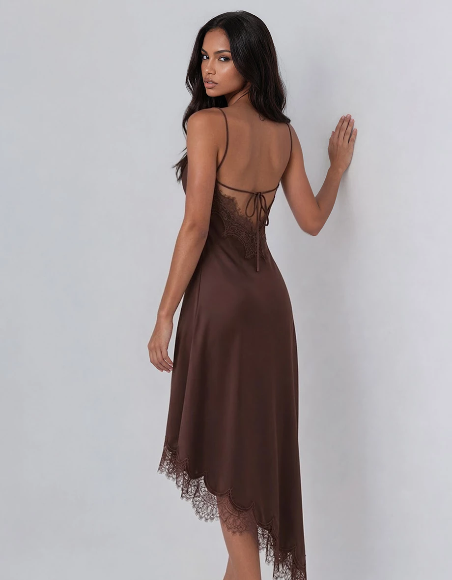V Neck Asymmetric Lace Hem Backless Tie Padded Satin Maxi Dress V Neck Asymmetric Lace Hem Backless Tie Padded Satin Maxi Dress