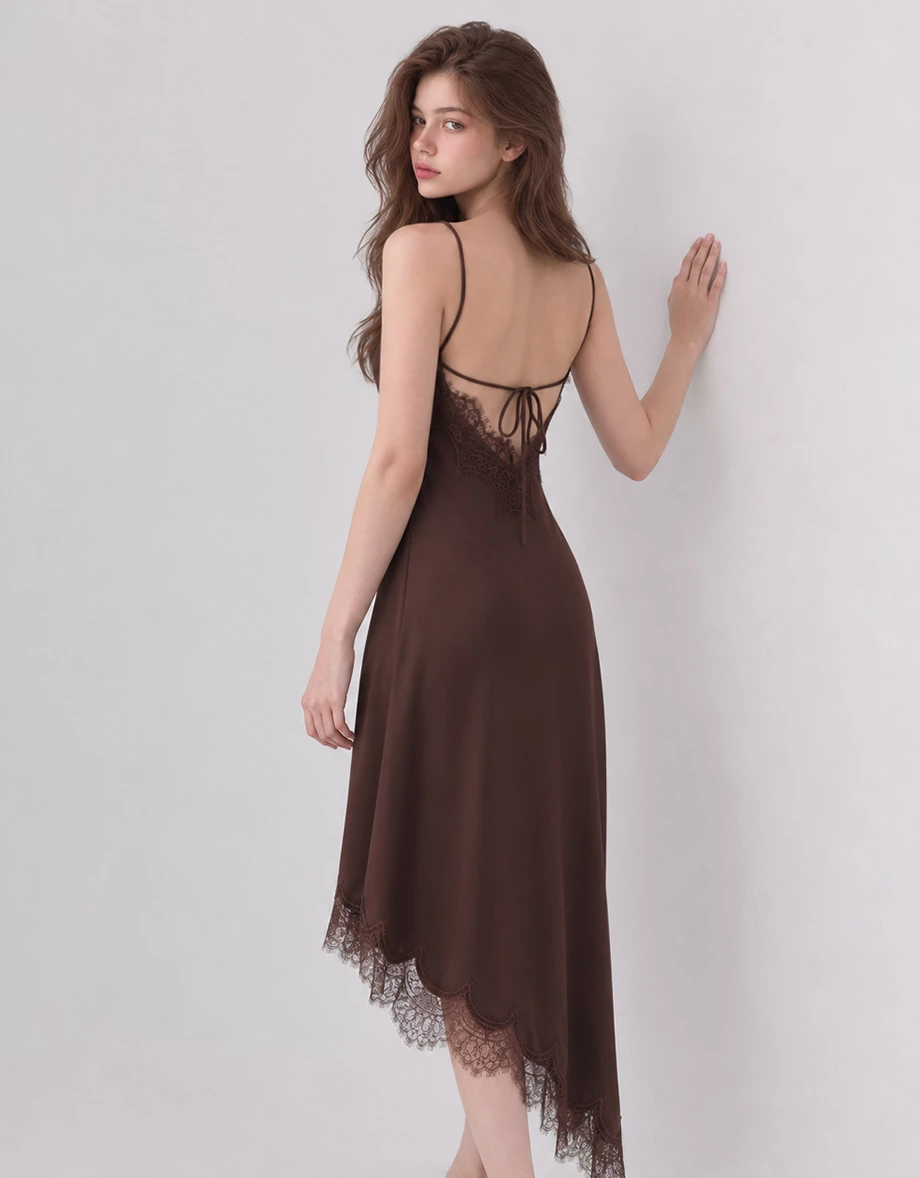 V Neck Asymmetric Lace Hem Backless Tie Padded Satin Maxi Dress V Neck Asymmetric Lace Hem Backless Tie Padded Satin Maxi Dress
