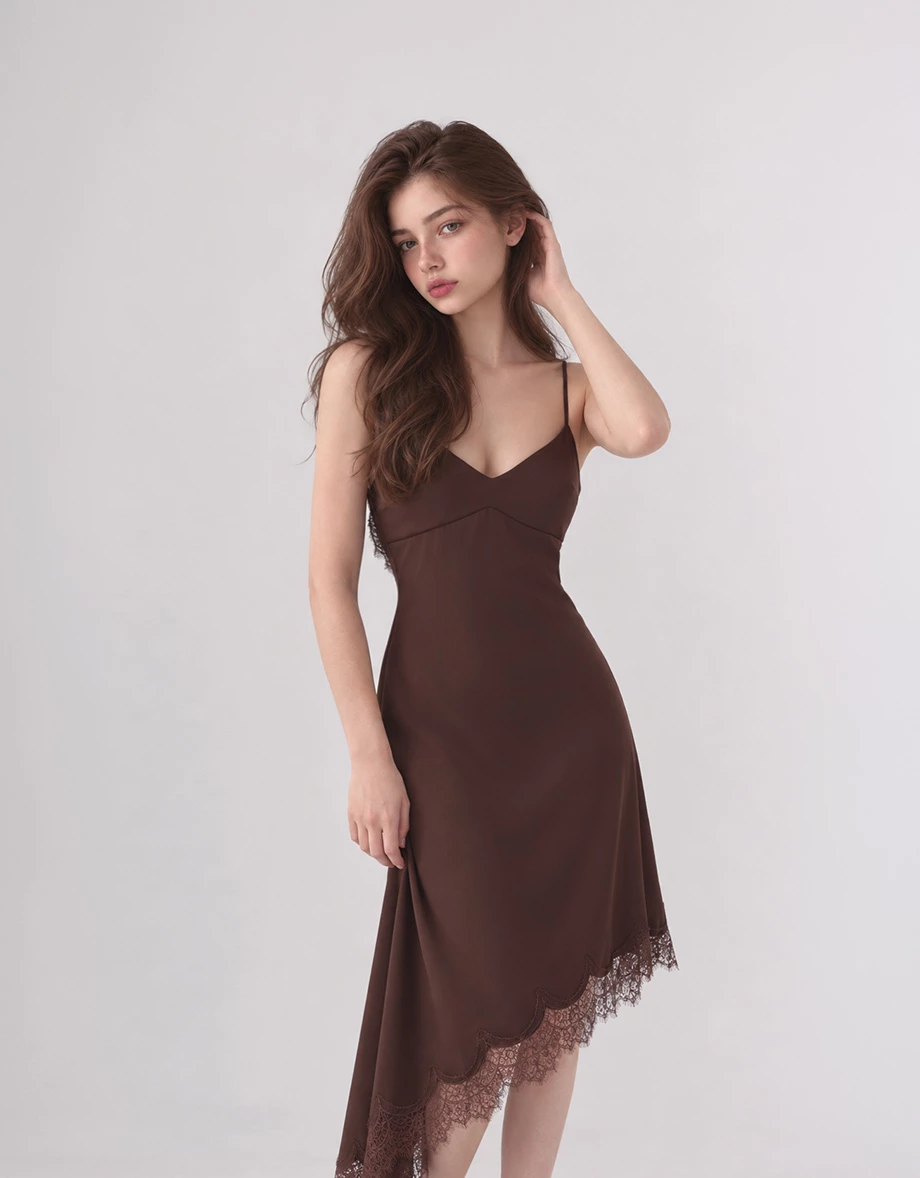 V Neck Asymmetric Lace Hem Backless Tie Padded Satin Maxi Dress V Neck Asymmetric Lace Hem Backless Tie Padded Satin Maxi Dress