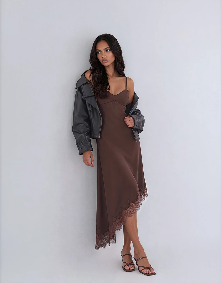 V Neck Asymmetric Lace Hem Backless Tie Padded Satin Maxi Dress V Neck Asymmetric Lace Hem Backless Tie Padded Satin Maxi Dress