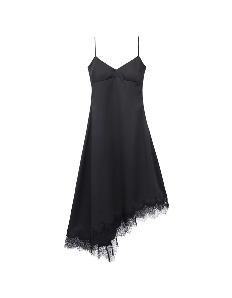 V Neck Asymmetric Lace Hem Backless Tie  Padded Satin Maxi Dress