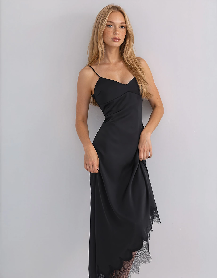 V Neck Asymmetric Lace Hem Backless Tie Padded Satin Maxi Dress V Neck Asymmetric Lace Hem Backless Tie Padded Satin Maxi Dress