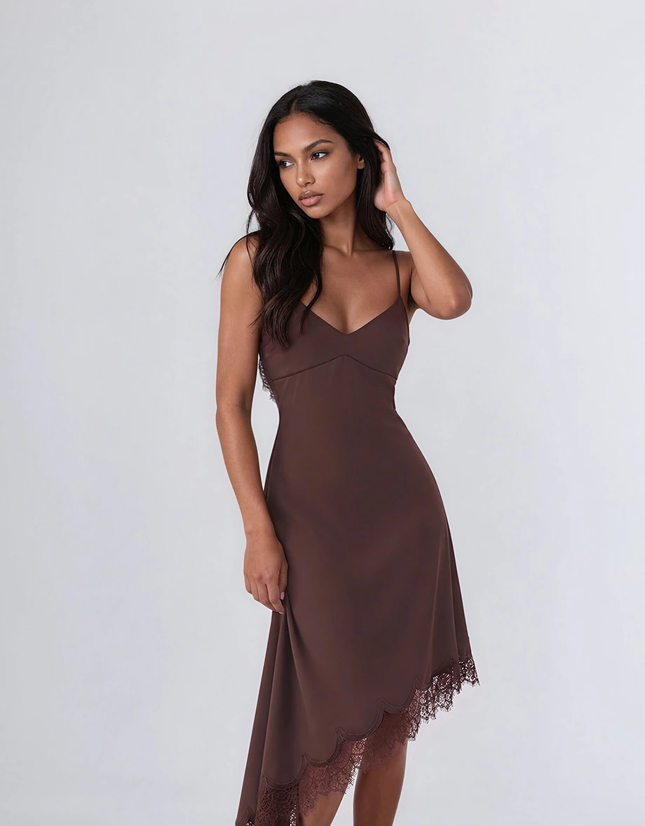 V Neck Asymmetric Lace Hem Backless Tie Padded Satin Maxi Dress V Neck Asymmetric Lace Hem Backless Tie Padded Satin Maxi Dress