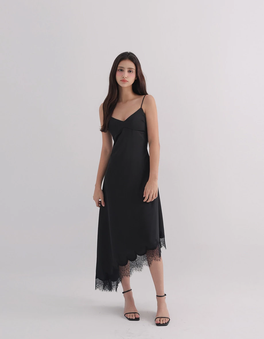 V Neck Asymmetric Lace Hem Backless Tie Padded Satin Maxi Dress V Neck Asymmetric Lace Hem Backless Tie Padded Satin Maxi Dress