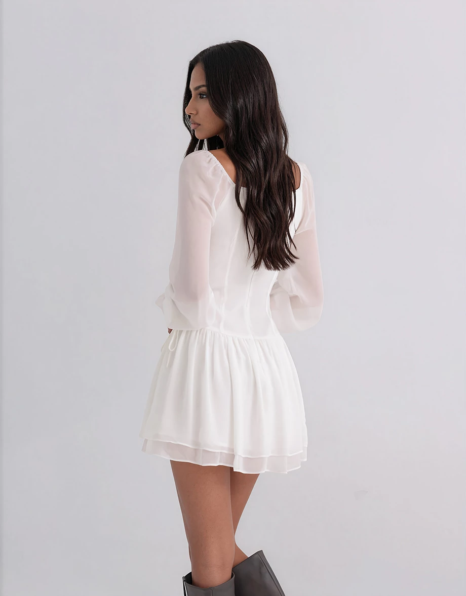 Sheer Puff Sleeve Lace Tie Front Tiered Ruffle Chiffon Mini Dress
