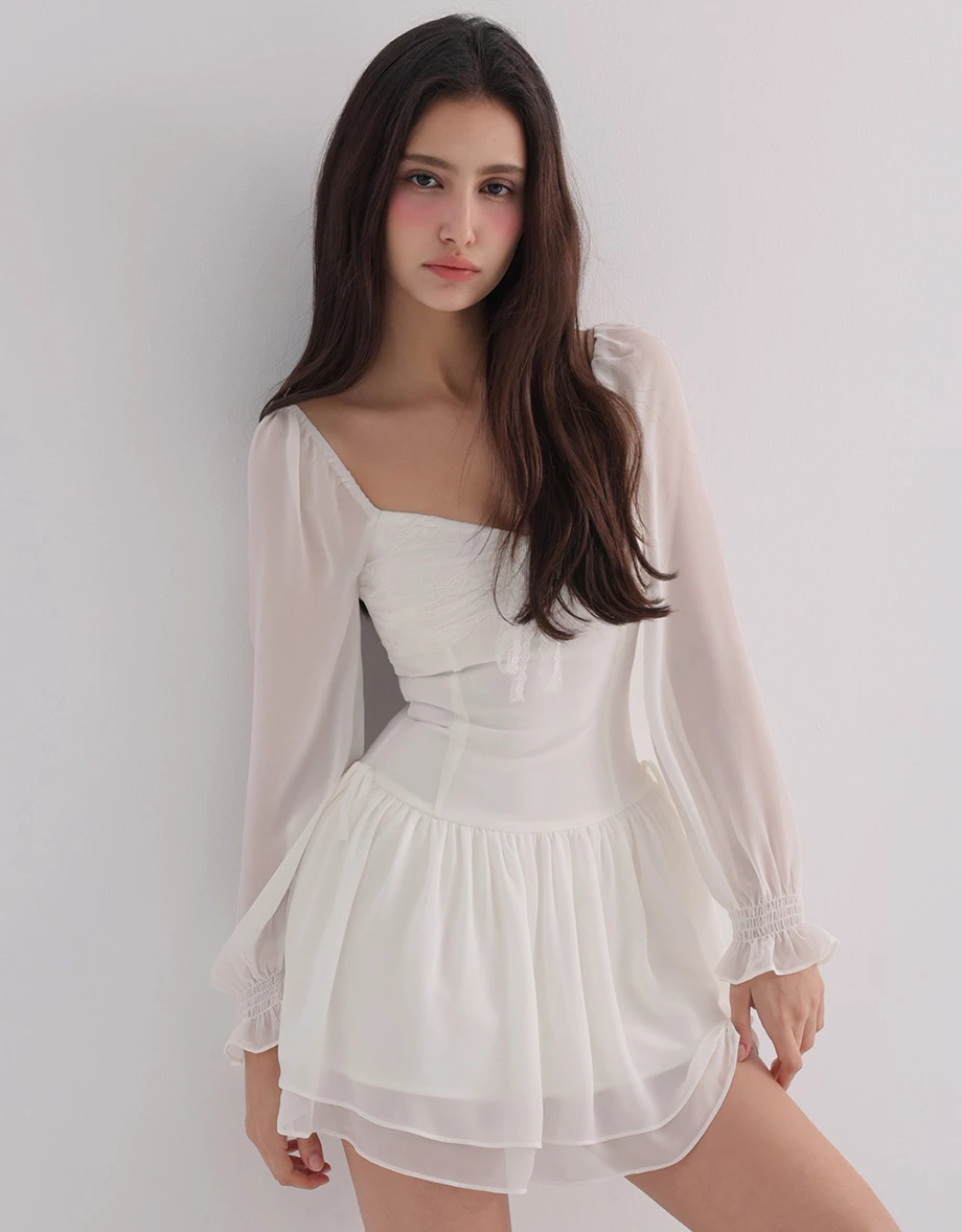 Sheer Puff Sleeve Lace Tie Front Tiered Ruffle Chiffon Mini Dress Sheer Puff Sleeve Lace Tie Front Tiered Ruffle Chiffon Mini Dress