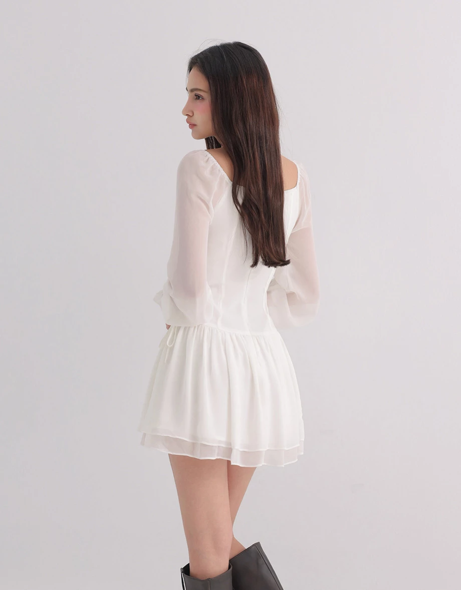 Sheer Puff Sleeve Lace Tie Front Tiered Ruffle Chiffon Mini Dress Sheer Puff Sleeve Lace Tie Front Tiered Ruffle Chiffon Mini Dress