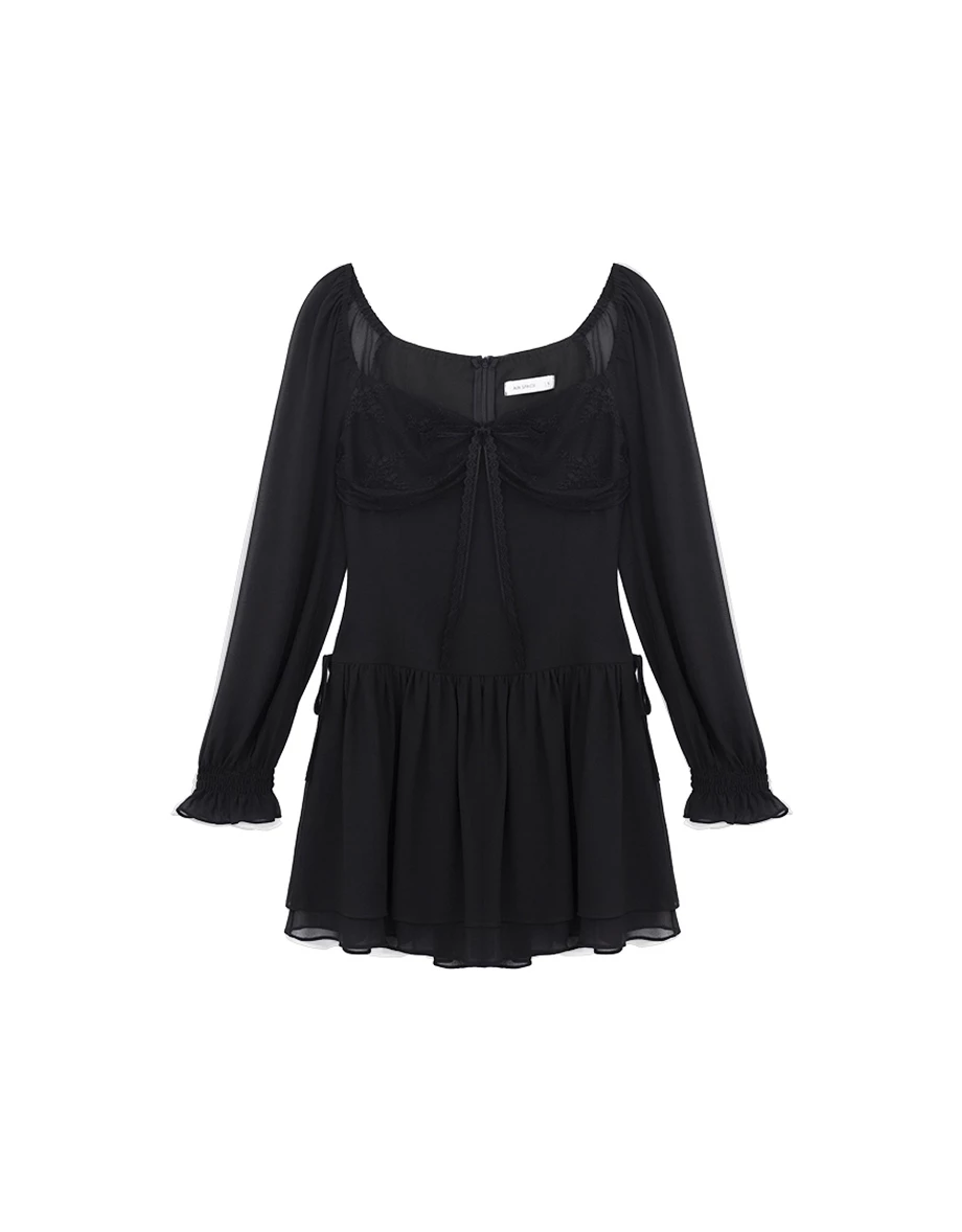 Sheer Puff Sleeve Lace Tie Front Tiered Ruffle Chiffon Mini Dress Sheer Puff Sleeve Lace Tie Front Tiered Ruffle Chiffon Mini Dress