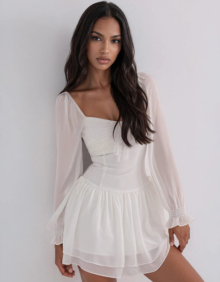Sheer Puff Sleeve Lace Tie Front Tiered Ruffle Chiffon Mini Dress