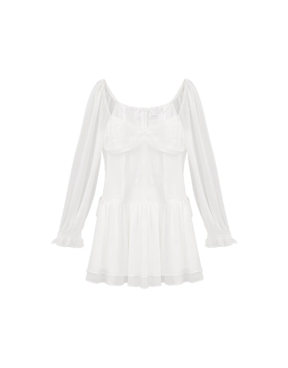 Sheer Puff Sleeve Lace Tie Front Tiered Ruffle Chiffon Mini Dress Sheer Puff Sleeve Lace Tie Front Tiered Ruffle Chiffon Mini Dress