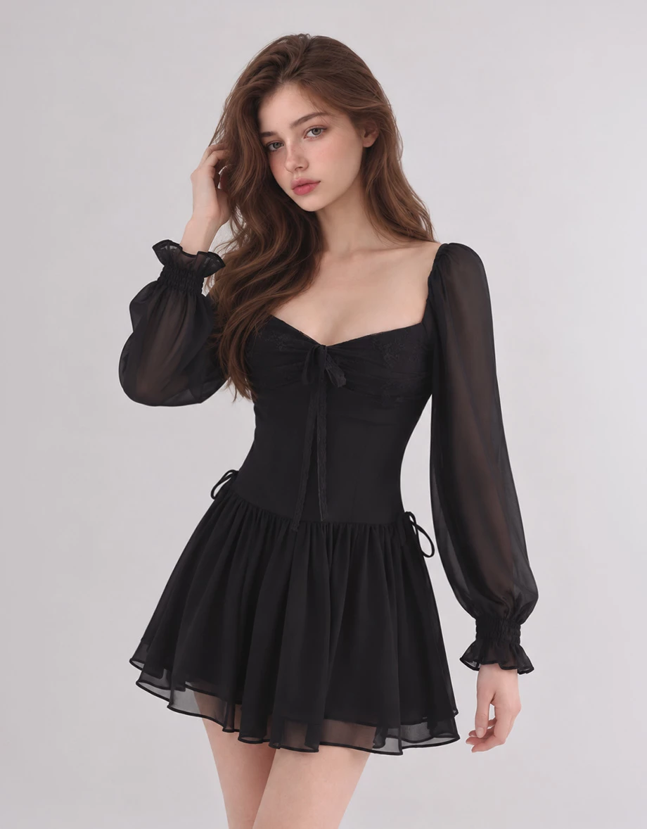 Sheer Puff Sleeve Lace Tie Front Tiered Ruffle Chiffon Mini Dress Sheer Puff Sleeve Lace Tie Front Tiered Ruffle Chiffon Mini Dress