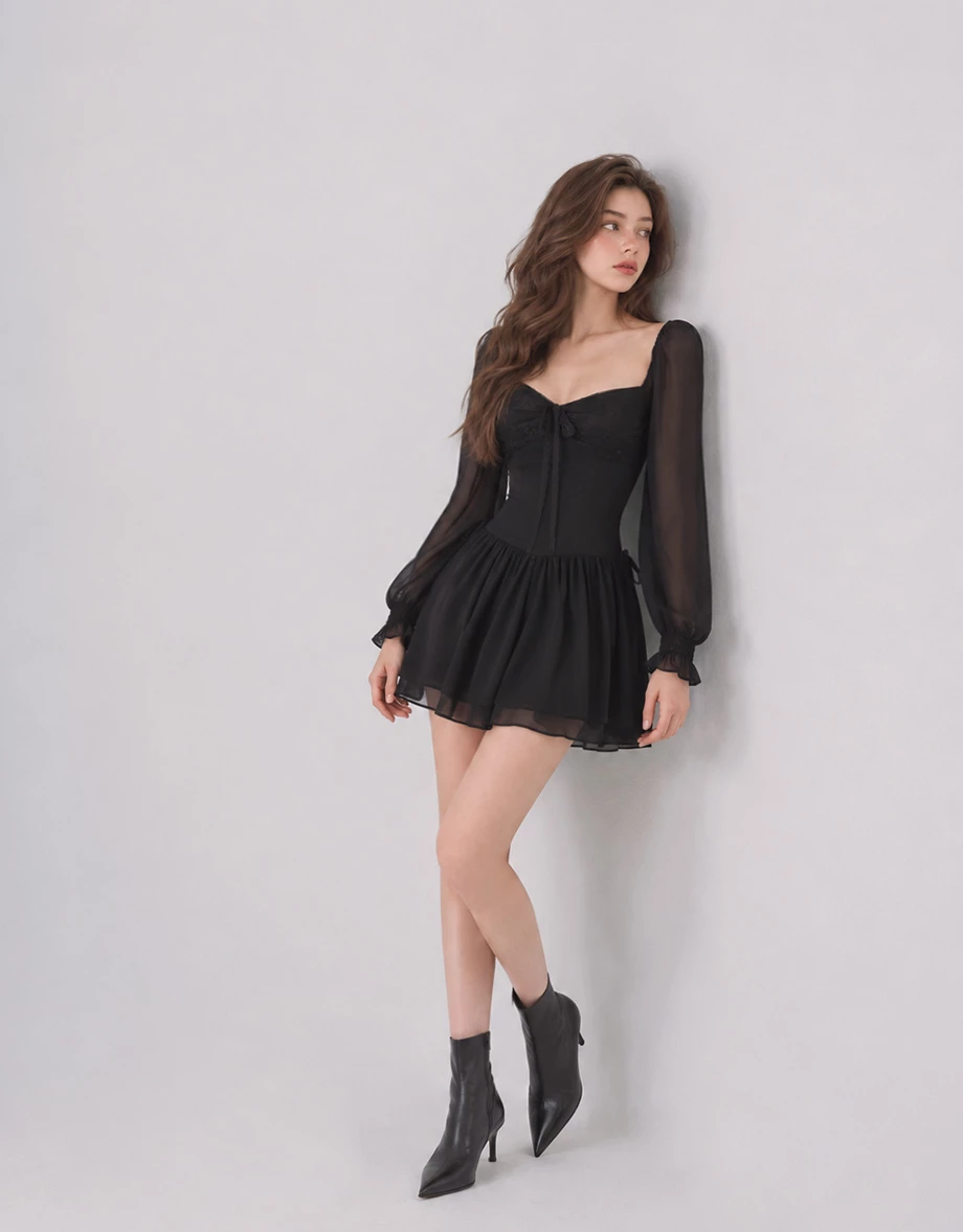 Sheer Puff Sleeve Lace Tie Front Tiered Ruffle Chiffon Mini Dress Sheer Puff Sleeve Lace Tie Front Tiered Ruffle Chiffon Mini Dress