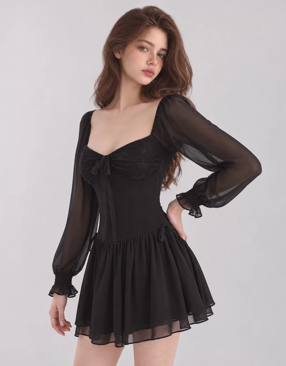 Sheer Puff Sleeve Lace Tie Front Tiered Ruffle Chiffon Mini Dress Sheer Puff Sleeve Lace Tie Front Tiered Ruffle Chiffon Mini Dress
